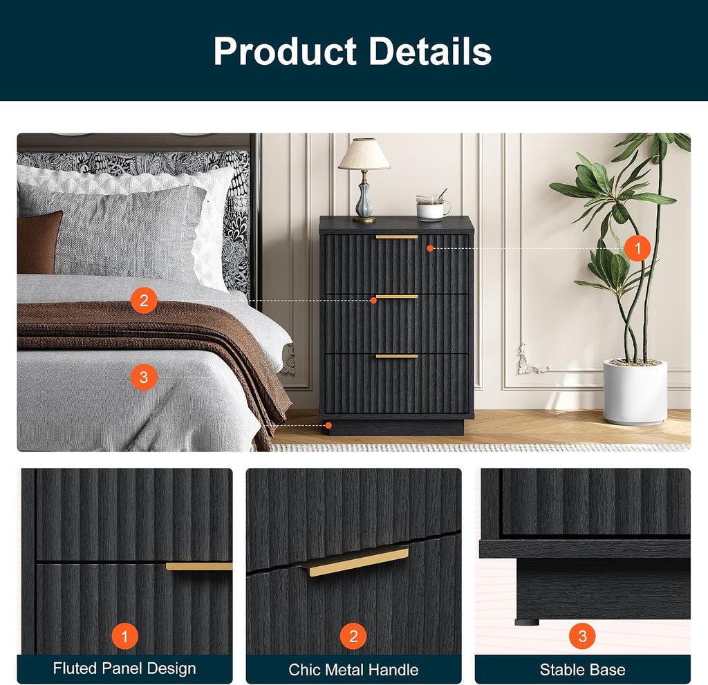 RoyalCraft Black Fluted Nightstand, Modern Bedside Table with 3 Large Storage Drawers, Wood End Table with Metal Handle for Bedroom