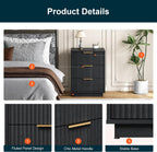 RoyalCraft Black Fluted Nightstand, Modern Bedside Table with 3 Large Storage Drawers, Wood End Table with Metal Handle for Bedroom