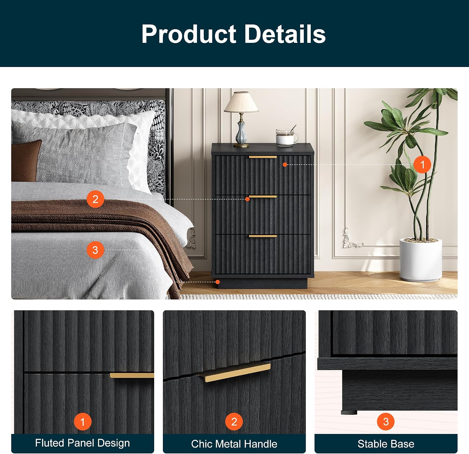 RoyalCraft Black Fluted Nightstand, Modern Bedside Table with 3 Large Storage Drawers, Wood End Table with Metal Handle for Bedroom