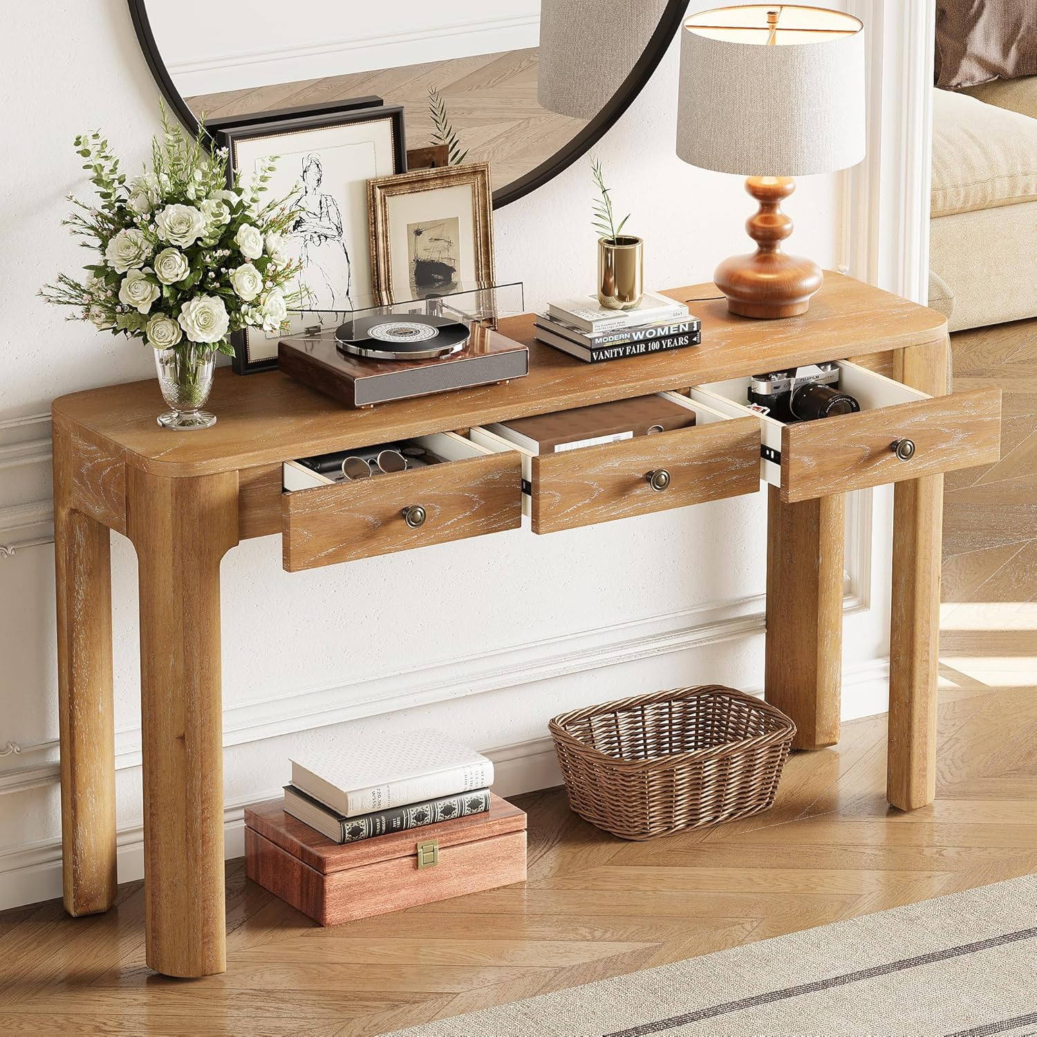 LKTART Solid Wood Entryway Table with 3 Drawers,Farmhouse Console Table Sofa Table with Curved Corners for Hallway,Foyer,Living Room (52" Natural)