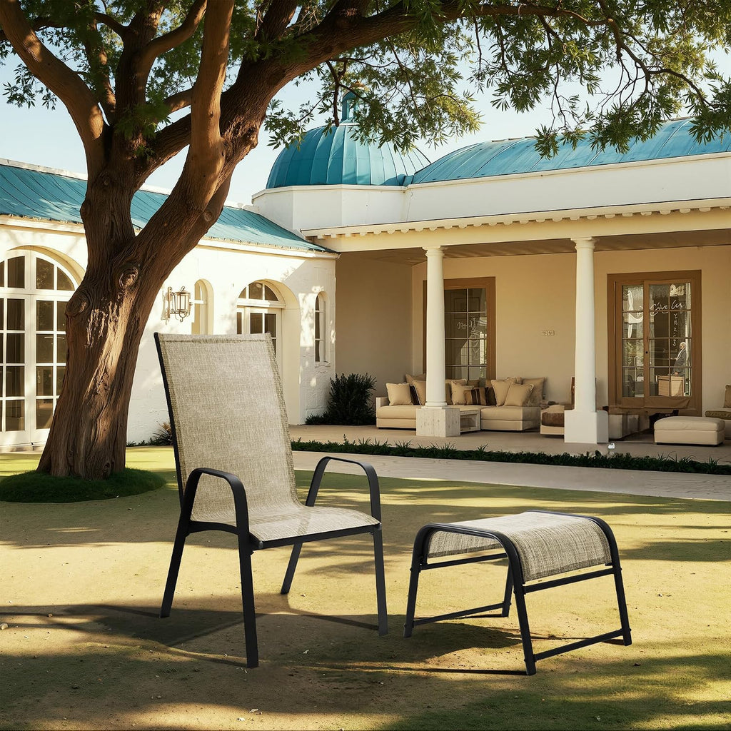 2-Pack Outdoor Textilene Fabric Footstools with Iron Frame - Waterproof Stackable Ottoman Set for Patio Garden and Poolside (Beige)
