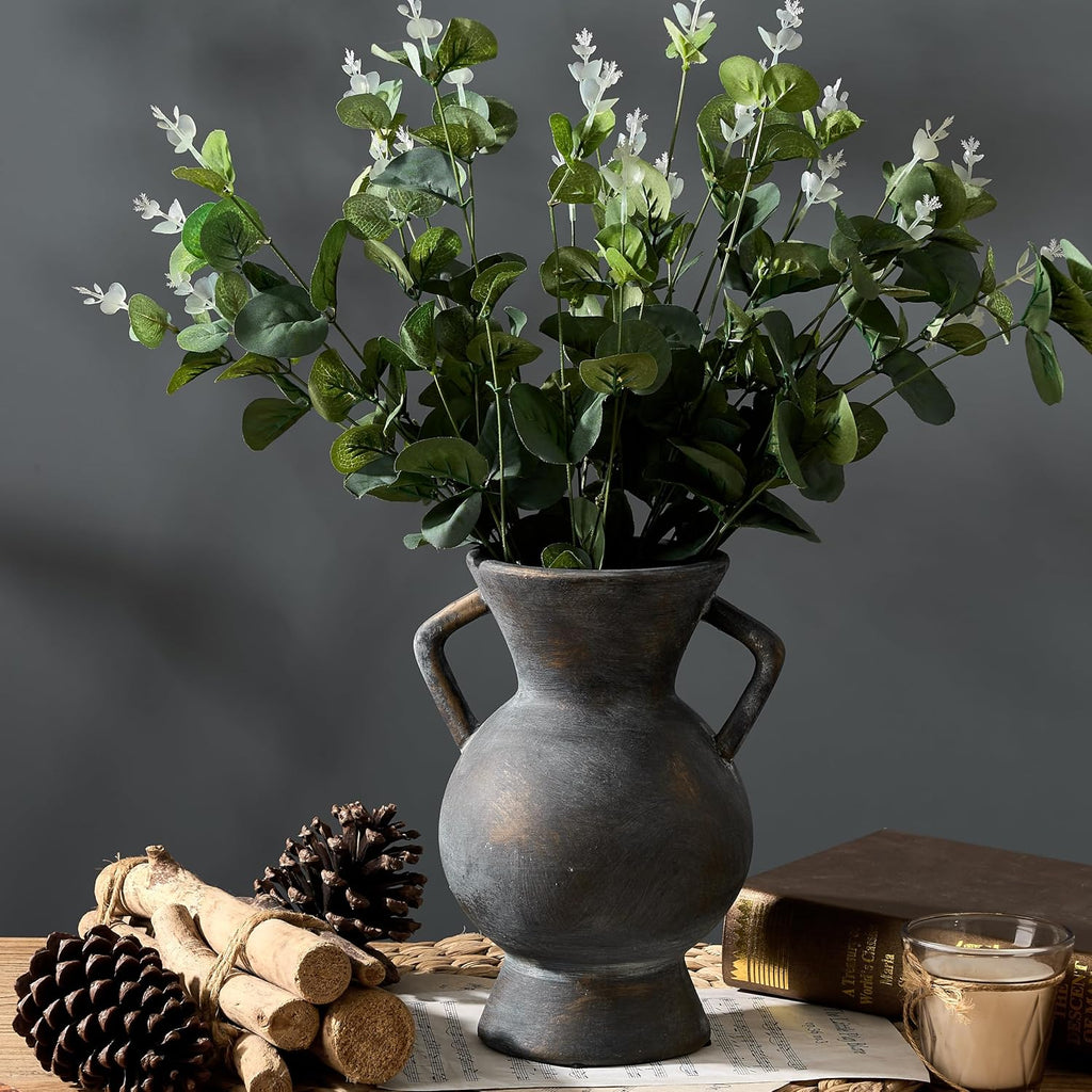 LUKA Antique Ceramic Vase with 2 Handle,9.25 inches Rustic Vase Minimalist Decor, Decorative Vases for Home Decor, Table, Living Room, Shelf, Christmas Decoration(Large,Black and Gold)