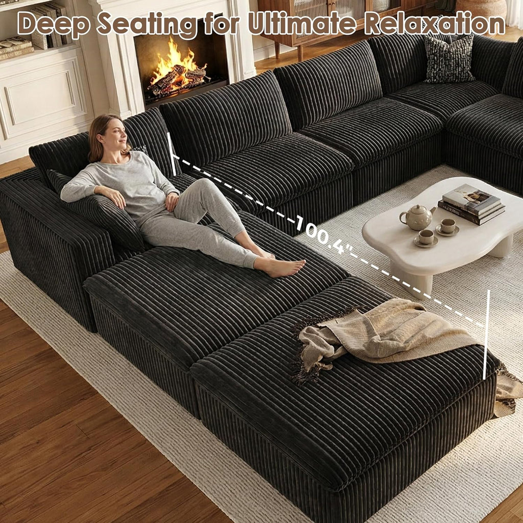 157.6" Cloud Couch Oversized Modular Sectional Sofa, Boneless U-Shaped 8 Seater Deep Seat Couch with Ottoman, Soft Corduroy Upholstery, DIY Combination for Living Room, No Assembly Required, Black