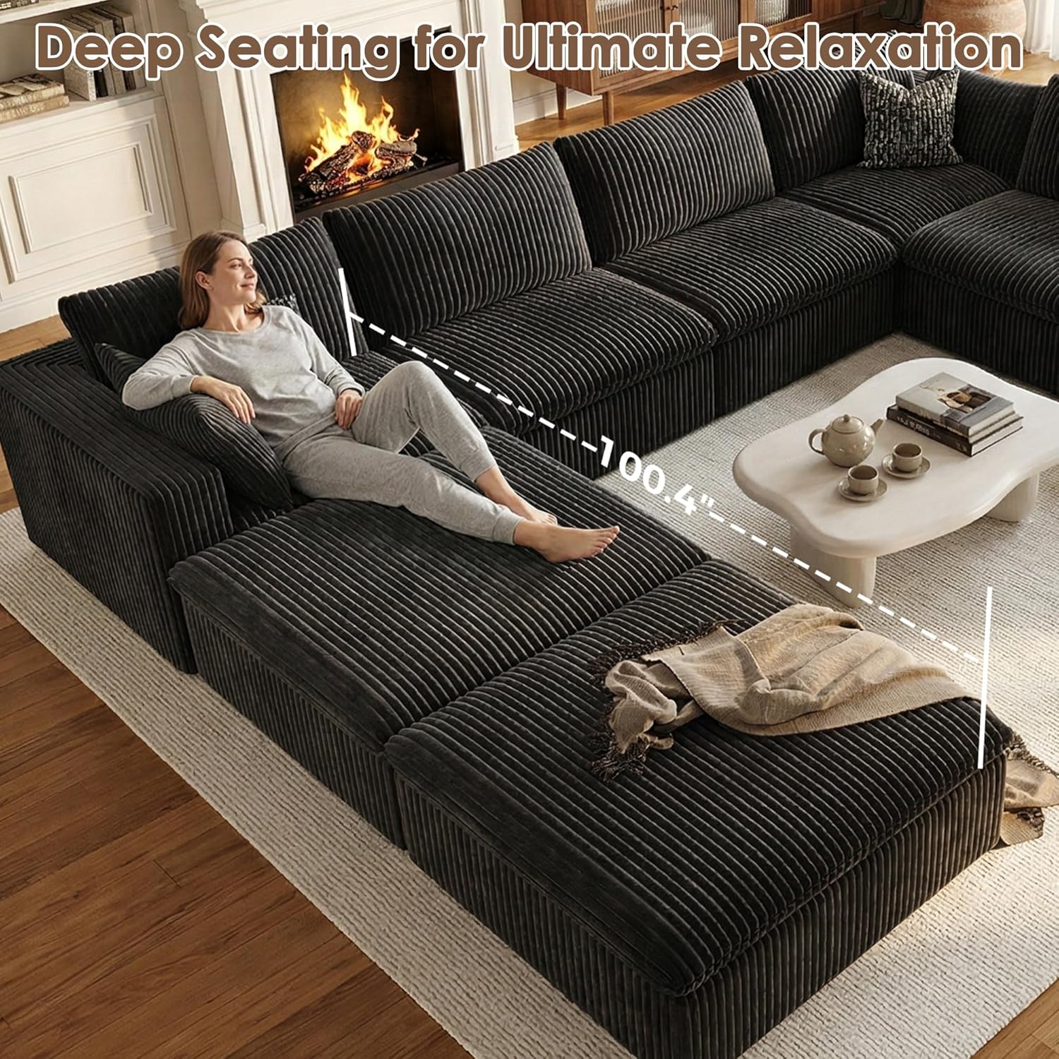 157.6" Cloud Couch Oversized Modular Sectional Sofa, Boneless U-Shaped 8 Seater Deep Seat Couch with Ottoman, Soft Corduroy Upholstery, DIY Combination for Living Room, No Assembly Required, Black