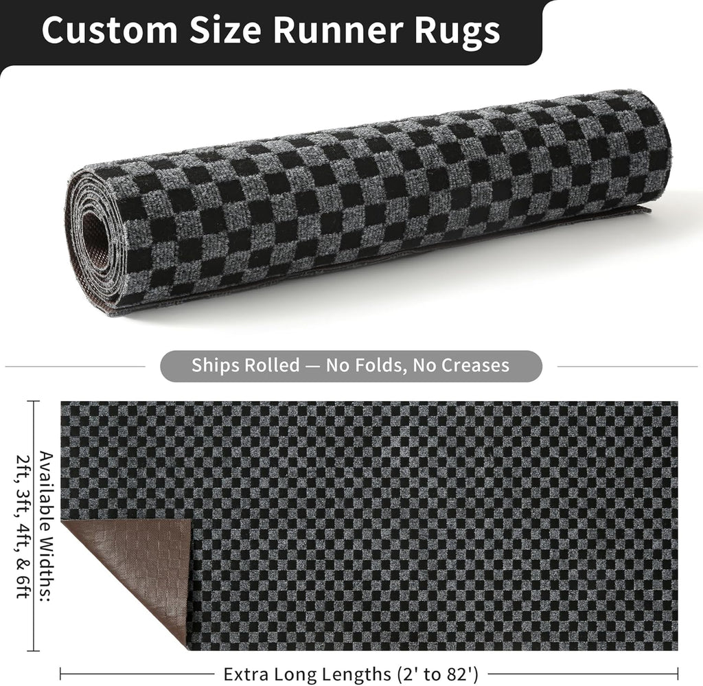 2ft x 6ft Runner Rug, Non Slip Indoor Outdoor Rugs, Waterproof Low Profile Carpet Runners for Hallway Entryway Kitchen Garage Patio Balcony, Custom, Grey Checkered