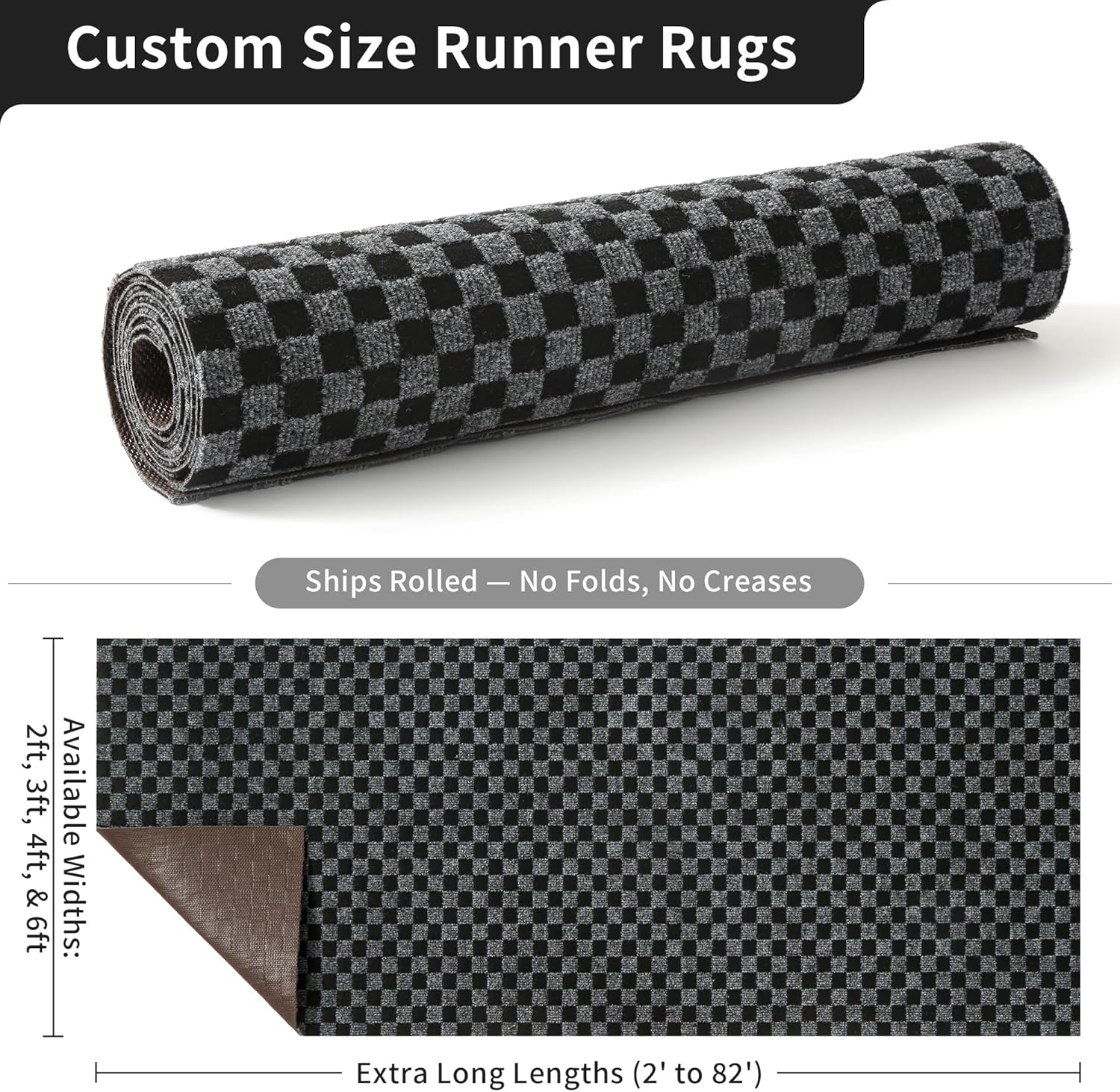 2ft x 6ft Runner Rug, Non Slip Indoor Outdoor Rugs, Waterproof Low Profile Carpet Runners for Hallway Entryway Kitchen Garage Patio Balcony, Custom, Grey Checkered
