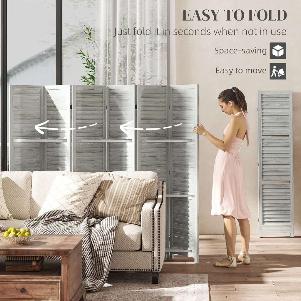 HOMCOM Room Divider, 6 Panel 67" Tall Wood Privacy Screen with 3 Display Shelves, and Folding Storage for Bedroom or Home Office, Distressed White