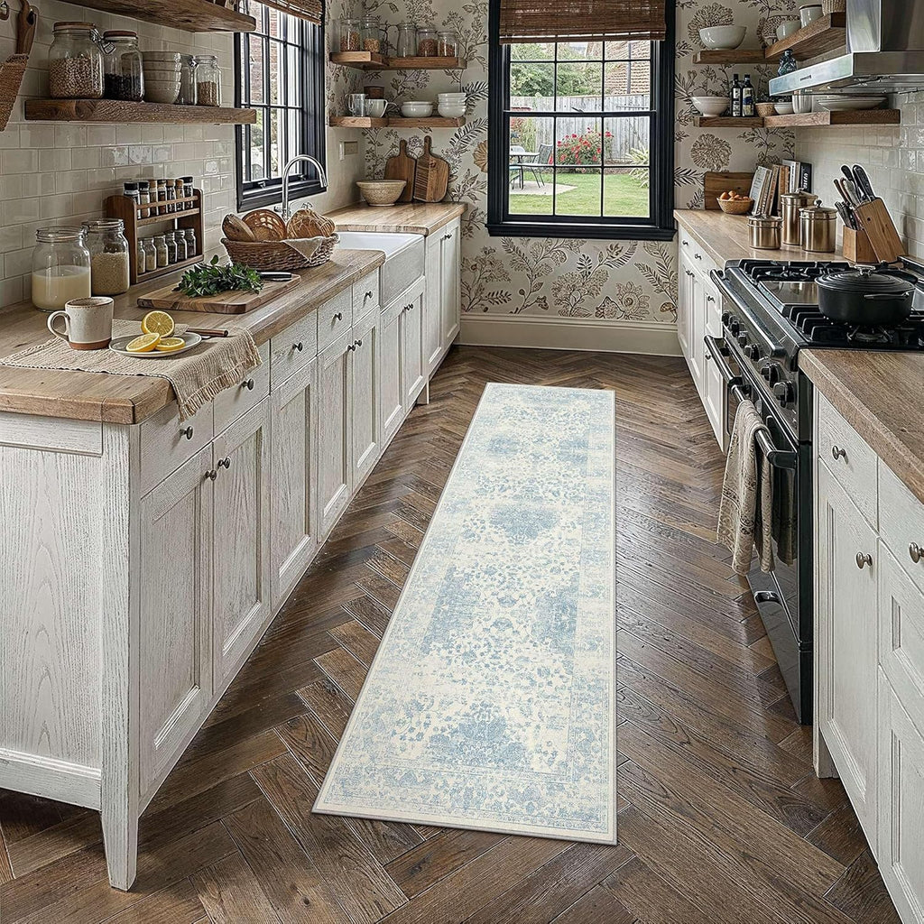 HUGEAR Blue 2x6 Runner Rugs Washable for Hallway Soft Vintage Rug Carpet Non-Shedding & Non-Slip Indoor Home Decor Living Room Bedroom Dining Room Laundry Kitchen Low Pile Floor Mat