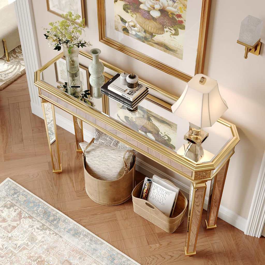 Gold Mirrored Console Table, 48" Rectangle Glass Sofa Table with Mirrored Vintage Carved Elements,Modern Luxury Mirror Furniture for Living Room Foyer Entrance Entryweay Hallway