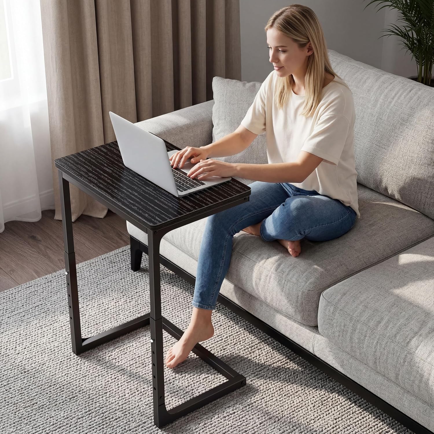 Adjustable C Side Table - End Table Living Room Bedroom Indoor Small C Shaped Couch Tray Desk, Black