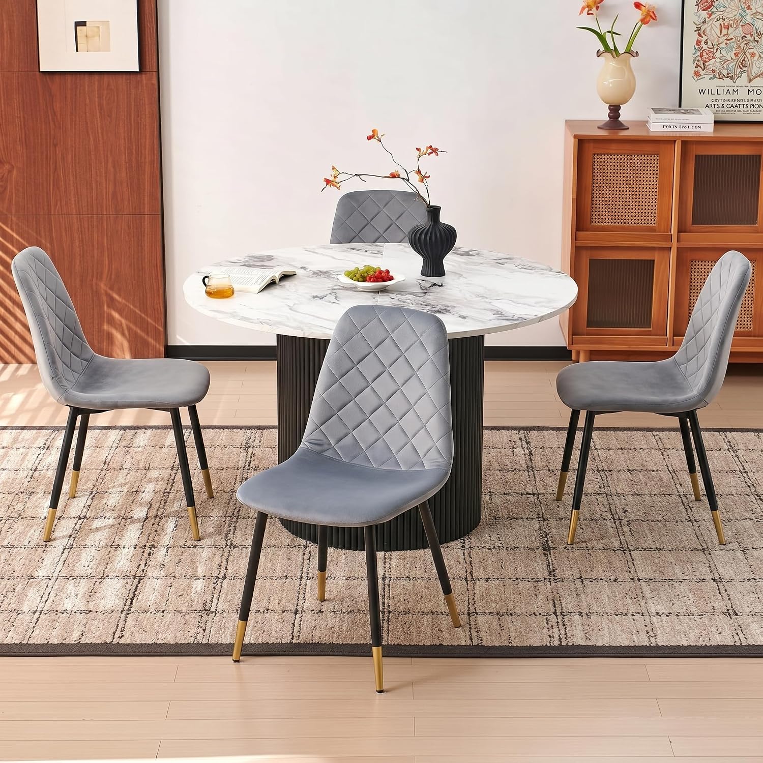 White Round Dining Table Set for 4, Modern Mid Century Wooden Kitchen & Dining Room Table Set, 5 Piece Space Saving (47In Faux Marble Table + 4 Grey Velvet Chairs)