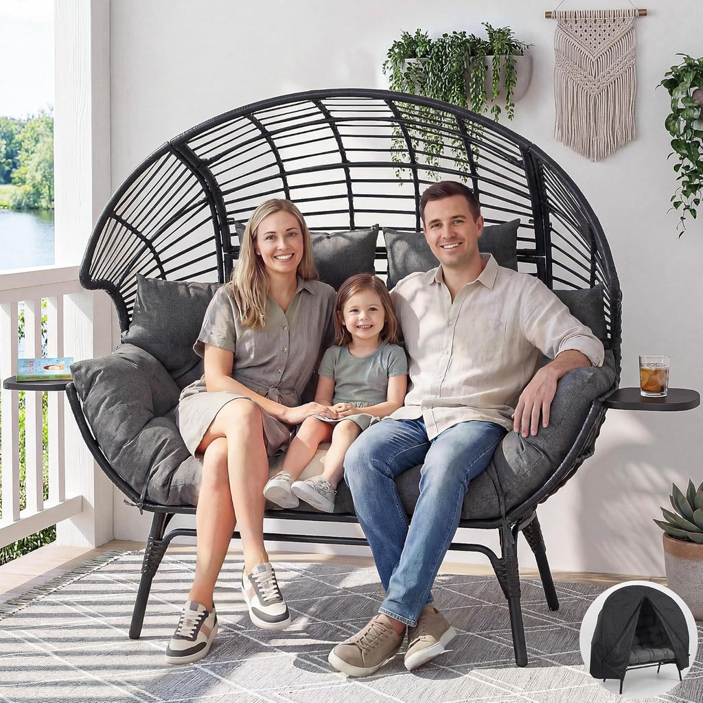 Double Egg Chair Outdoor Indoor 2 Person Wicker Egg Lounge Chair with Foldable Cup Holder Cushion Rain Cover Patio Oversized Loveseat for Balcony Porch Backyard
