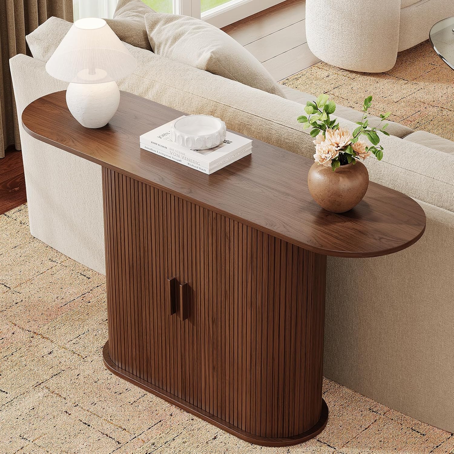 55 Inch Console Table with Storage, Fluted Entryway Tables with Sliding Doors, Sofa Table Behind The Couch, Hallway Tables, Mid-Century Modern Foyer Table for Entryway, Hallway, Living Room, Walnut