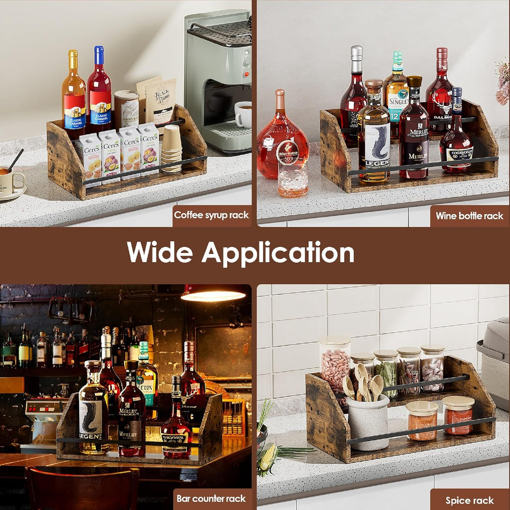 Nuovoware Liquor Bottle Display Shelf, Coffee Syrup Organizer, 2 Step Countertop Liquor Wine Rack, Home Retro Shelf Stand for Mini Bar, Cabinet, Bar Essentials for Whiskey, Spirits, Dark Wood