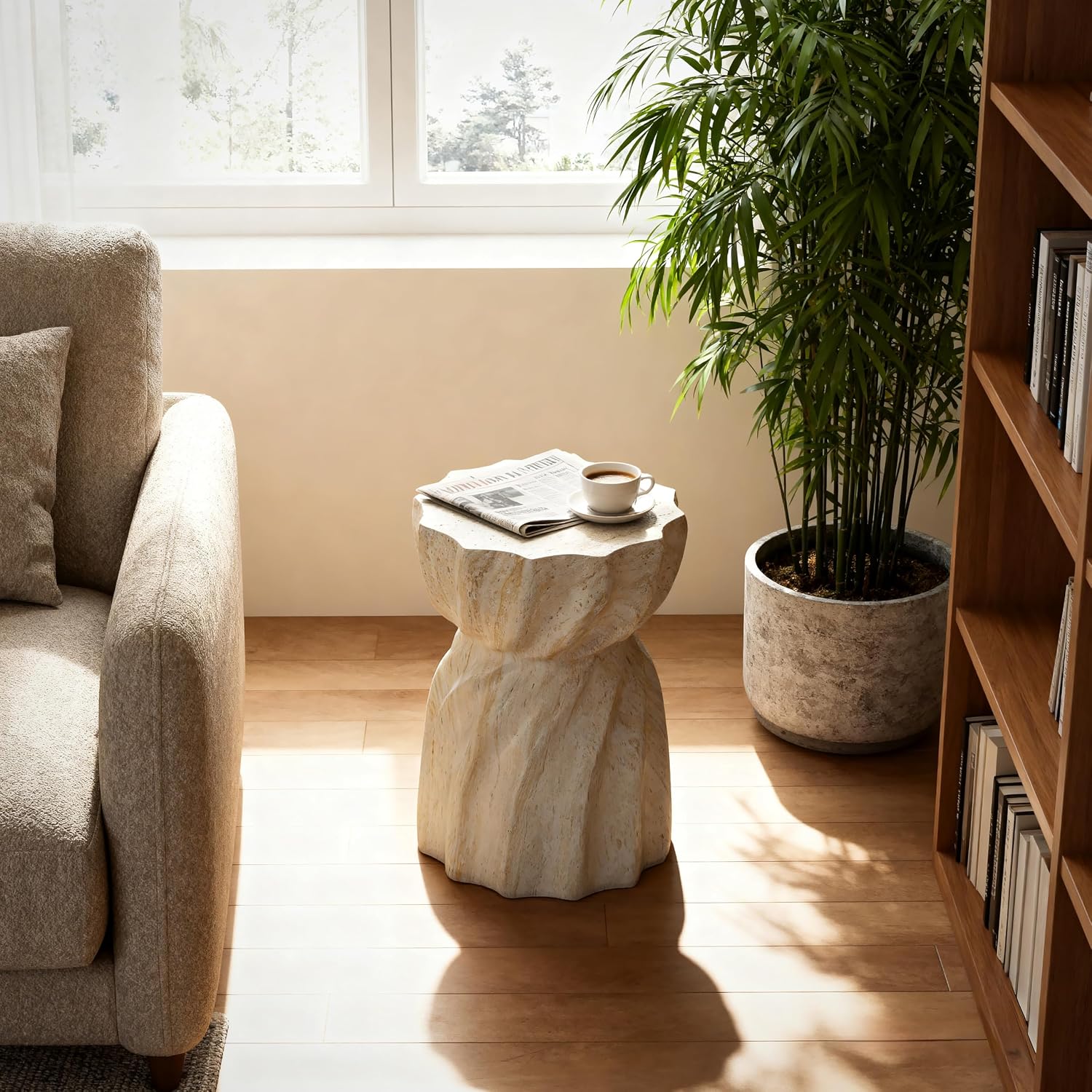 13.78" Cement End Table for Patio,Garden Faux Terrazzo Accent Table,Modern Small Round Side Table for Outside,Tree Stump Garden Stool DrumTable Indoor