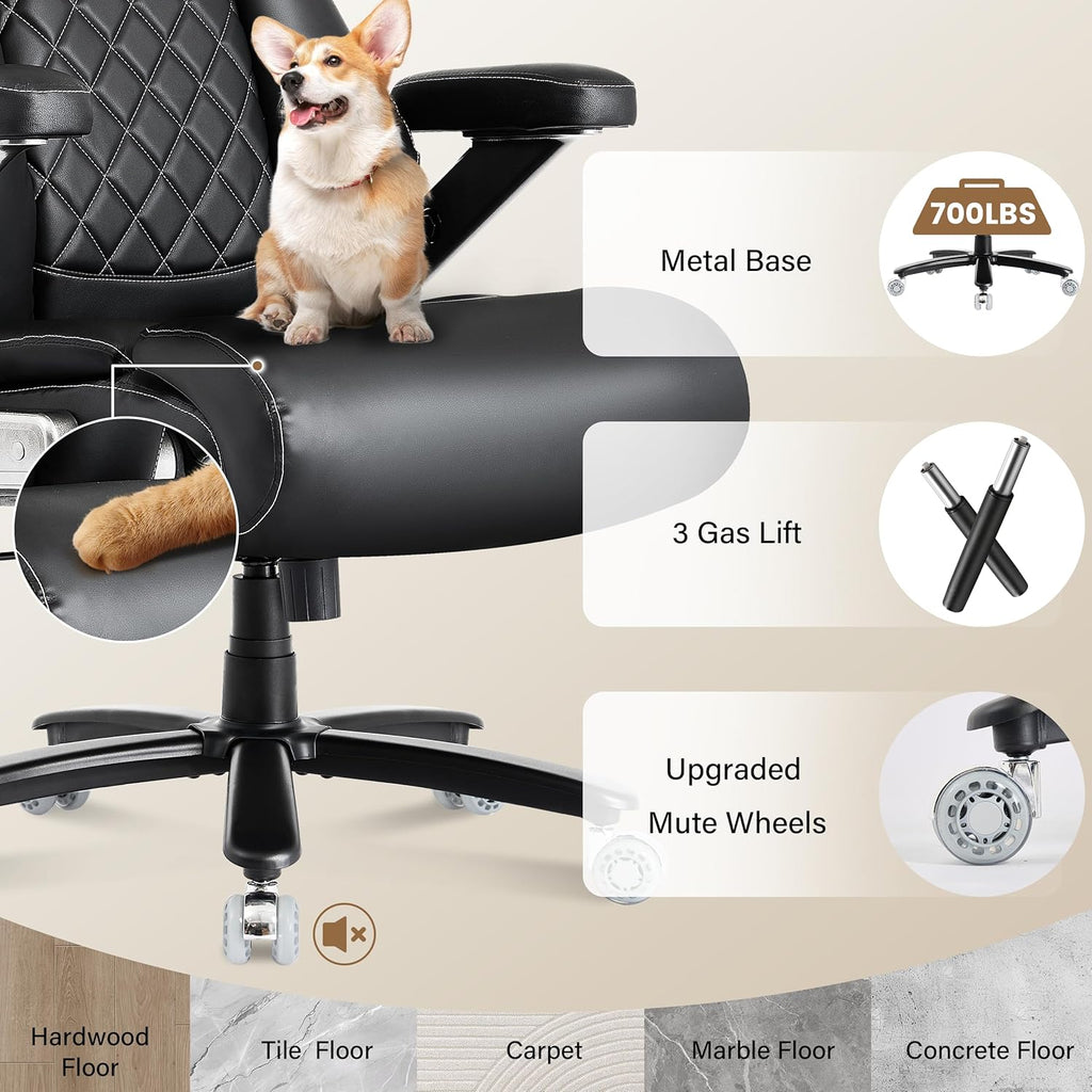 700lbs Big and Tall Office Chair, Ergonomic Heavy Duty Executive Cloth Office Chair with 5D Flip Arms & Adjustable Lumbar Support & Dual Rubber Wheel, Large Thick Padded Extra Wide Seat, Black