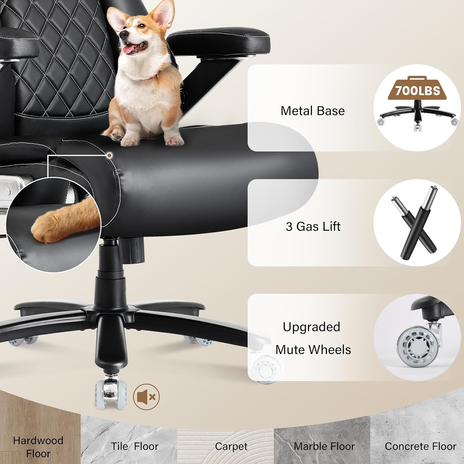 700lbs Big and Tall Office Chair, Ergonomic Heavy Duty Executive Cloth Office Chair with 5D Flip Arms & Adjustable Lumbar Support & Dual Rubber Wheel, Large Thick Padded Extra Wide Seat, Black