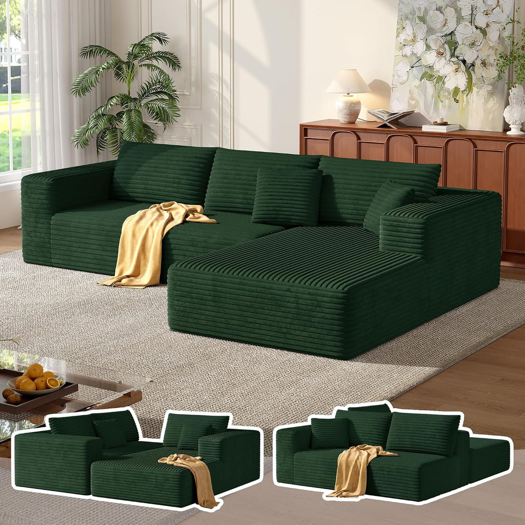 MoonSpeak 107" Sectional Boneless Couches for Living Room.Deep Seat Corduroy L Shaped Modular Sofa.Cloud Sectional Sofa.Upholstered Couches with Oversized Chaise(Green,Right Chaise)
