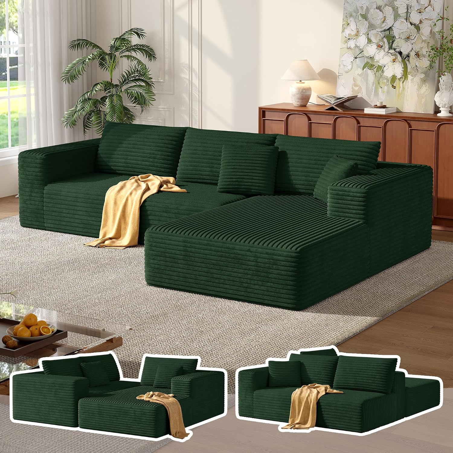 MoonSpeak 107" Sectional Boneless Couches for Living Room.Deep Seat Corduroy L Shaped Modular Sofa.Cloud Sectional Sofa.Upholstered Couches with Oversized Chaise(Green,Right Chaise)