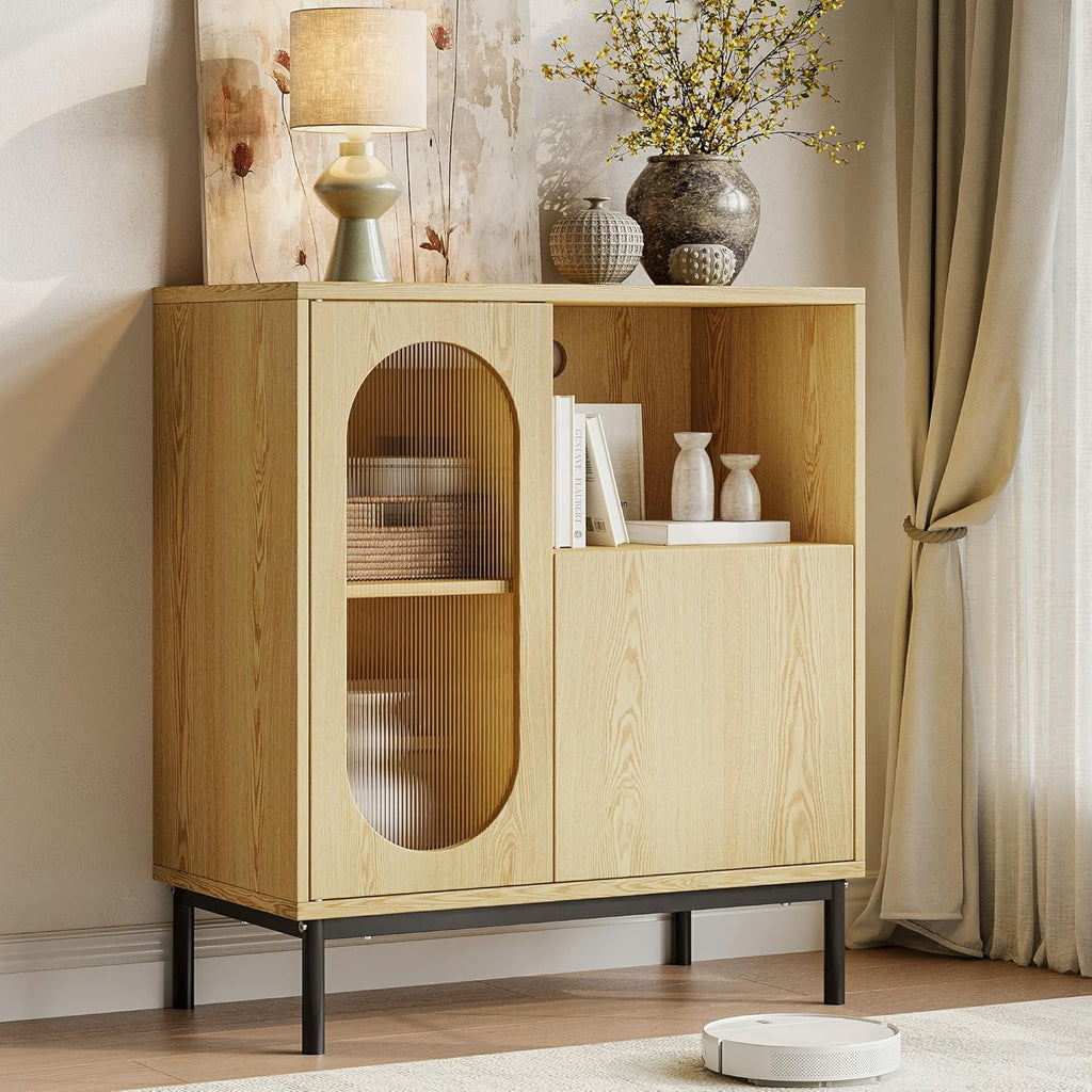 Einhomn Sideboard Buffet Cabinet with Fluted Glass Doors and Adjustable Shelf, Wood Modern Accent Cabinet with Storage for Kitchen, Living Room, Entryway, Natural
