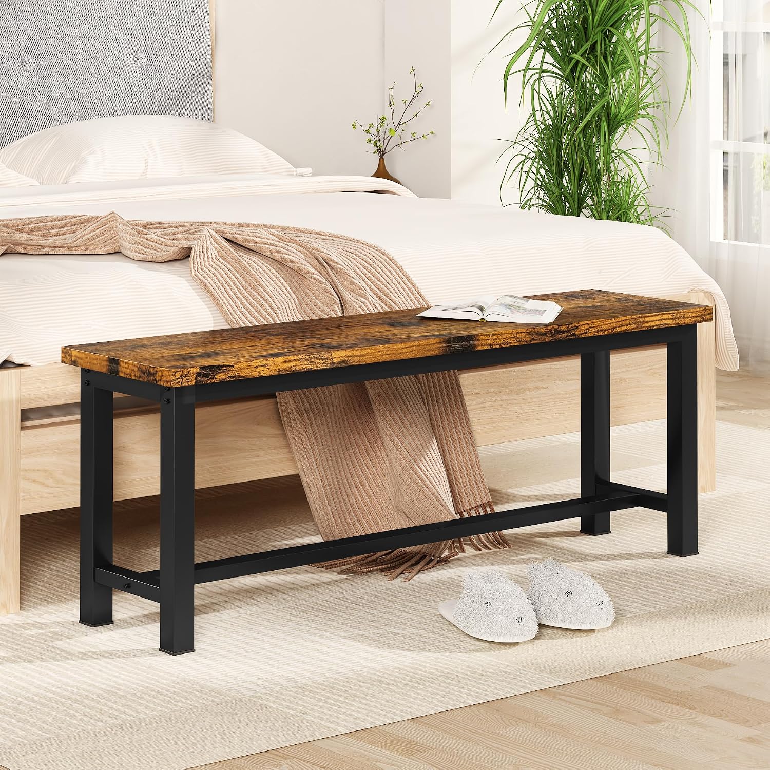 Recaceik Dining Benches - Pair of 2 Industrial Benches for Dining Room, Kitchen, Entryway, Bedroom - 39 Inch, Rustic Brown Metal Legs, Easy to Assemble