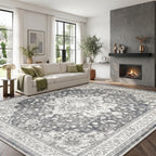 Marsail 8x10 Area Rugs,Rugs for Living Room,Bedroom,Machine Washable Area Rugs,Vintage Rug with Floral,Soft&Slip-Resistant Large Area Rug with Reinforced Bound Edges,Grey Rug
