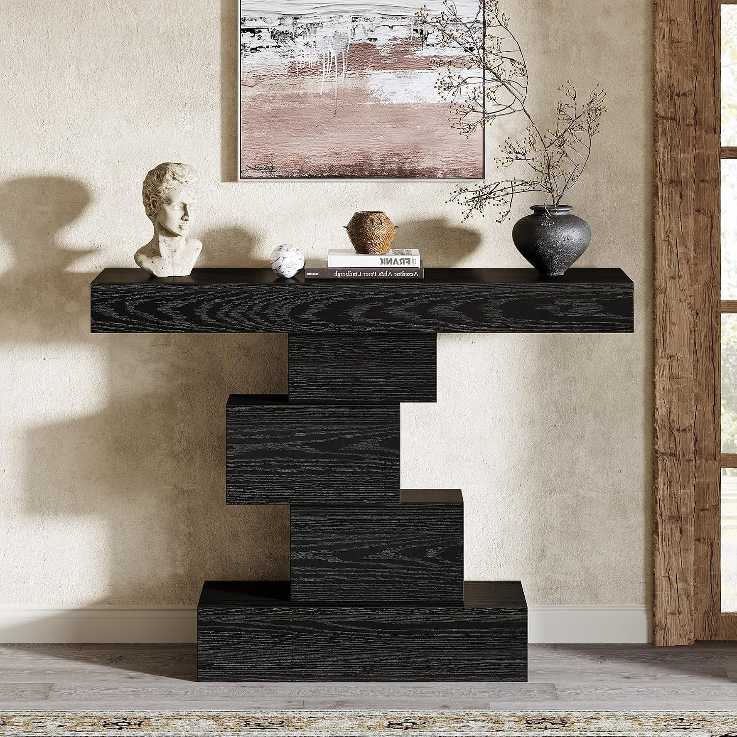 Tribesigns 42.5" Farmhouse Console Table, Narrow Wood Sofa Table Behind Couch with Geometric Base, Industrial Entryway Accent Table for Living Room, Hallway, Entrance (Black)