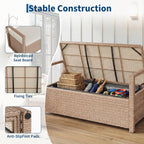 75 Gallon Outdoor Storage Bench, 2-Seater PE Rattan Deck Box with Cushion & Backrest, Waterproof Patio Seat with Acacia Wood Armrests & Metal Frame for Porch, Backyard, Garden, Poolside