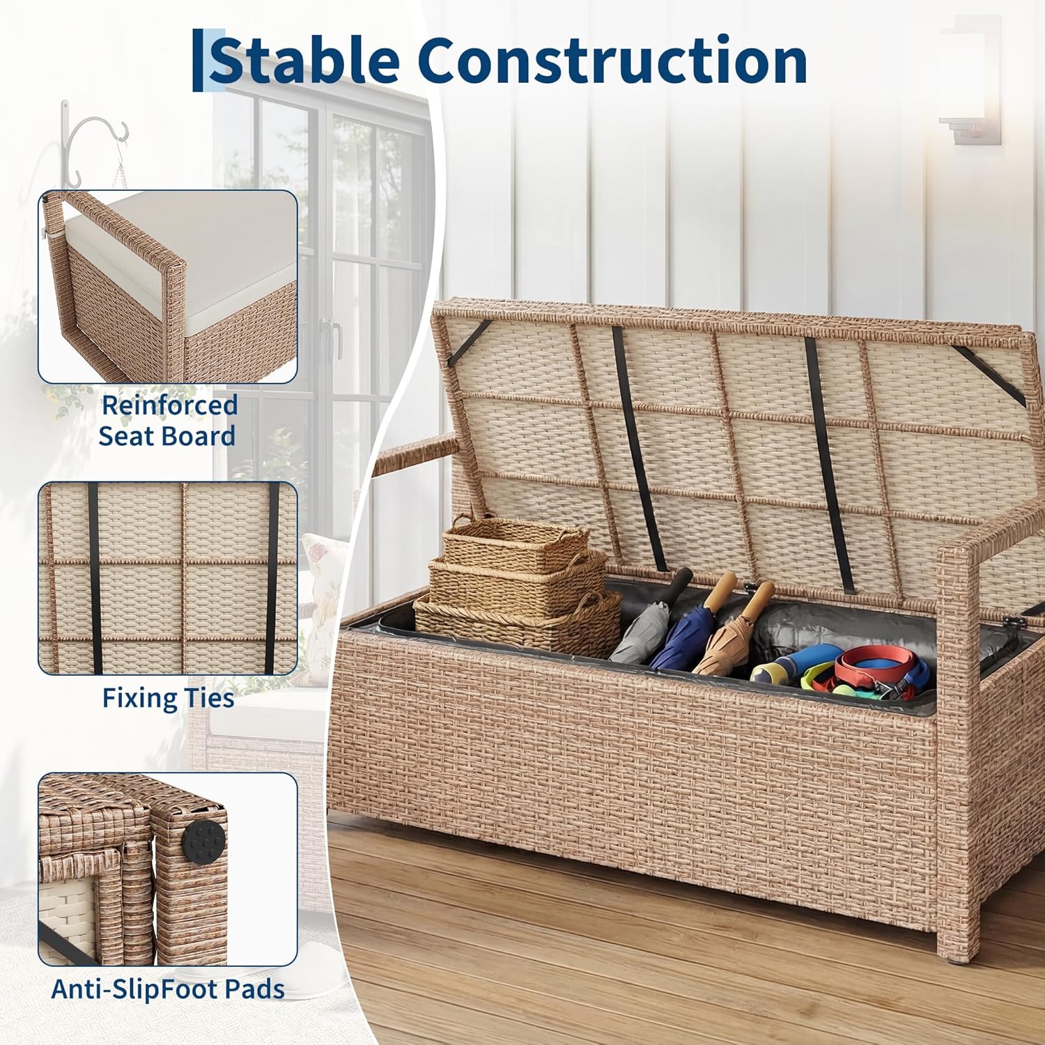 75 Gallon Outdoor Storage Bench, 2-Seater PE Rattan Deck Box with Cushion & Backrest, Waterproof Patio Seat with Acacia Wood Armrests & Metal Frame for Porch, Backyard, Garden, Poolside