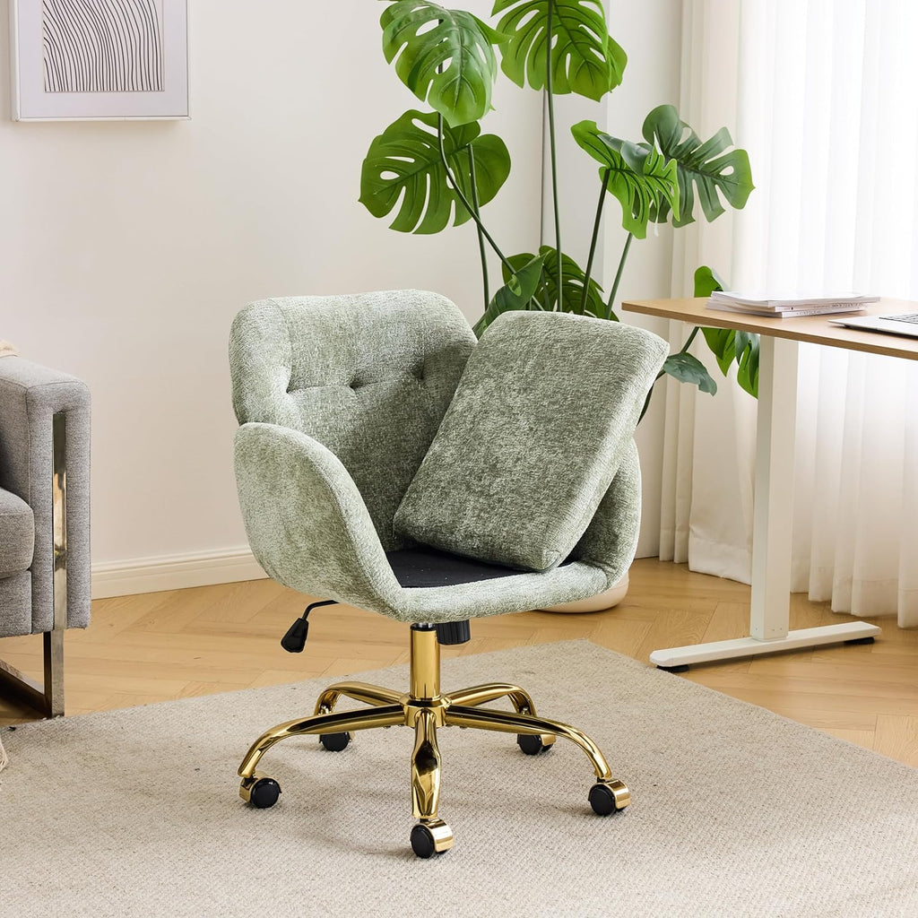 VINGLI Comfy Fuzzy Vanity Chair, Swivel Makeup Chair with Wheels, Upholstered Height Adjustable Armchair with Gold Base, Modern Ergonomic Desk Chair for Bedroom, Home Office, Olive Green