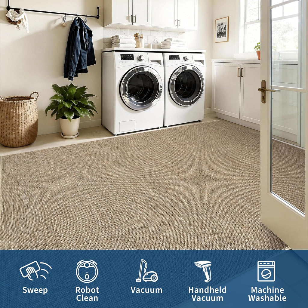 2x6 Runner Rug for Hallway Modern Solid Washable Kitchen Rugs Non Slip Outdoor Patio Runner Rugs Indoor Outdoor Easy Jute Rug Neutral Easy Jute Runners for Porch Entryway Living Room Bedroom, Tan