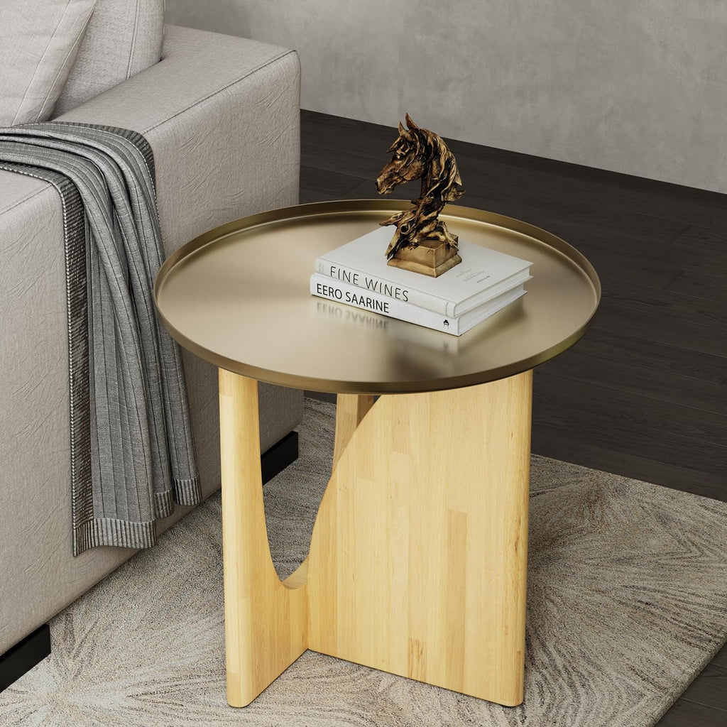 AUZ Round End Table with Brushed Gold Top, Small Wood Side Table for Living Room, Mid Century Accent Table, Natural Wood Base, Space-Saving Nightstand