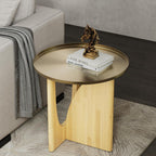 AUZ Round End Table with Brushed Gold Top, Small Wood Side Table for Living Room, Mid Century Accent Table, Natural Wood Base, Space-Saving Nightstand