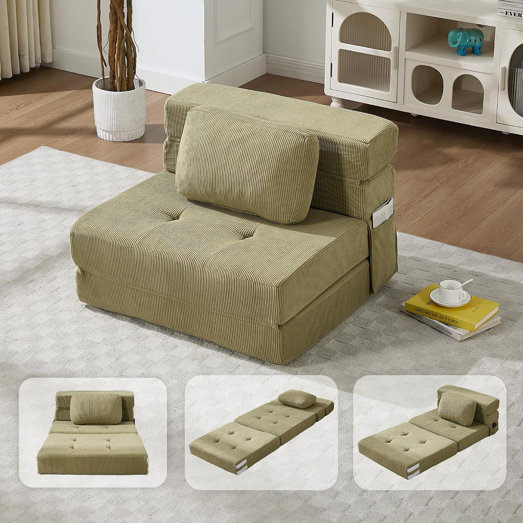 Folding Sofa Bed Convertible Sleeper Sofa with Pillow Modern Tufted Folding Couch Bed Lazy Chair Floor Futon for Living Room Bedroom Apartment Guest Room Green 32IN