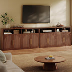 Fluted Buffet Cabinet with Storage, 63" Wide Wood Sideboard Credenza with 4 Doors & Open Storage Shelf, Modern Kitchen Entryway Accent Table for Dining Room Living Room, Kitchen, Hallway, Walnut