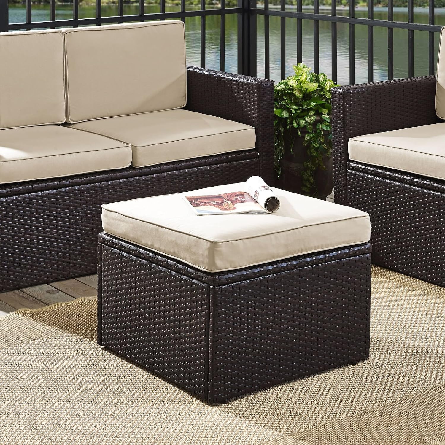 Crosley Furniture Palm Harbor Wicker Outdoor Ottoman Foot Rest for Patio, Deck, Porch, Brown with Sand Cushions