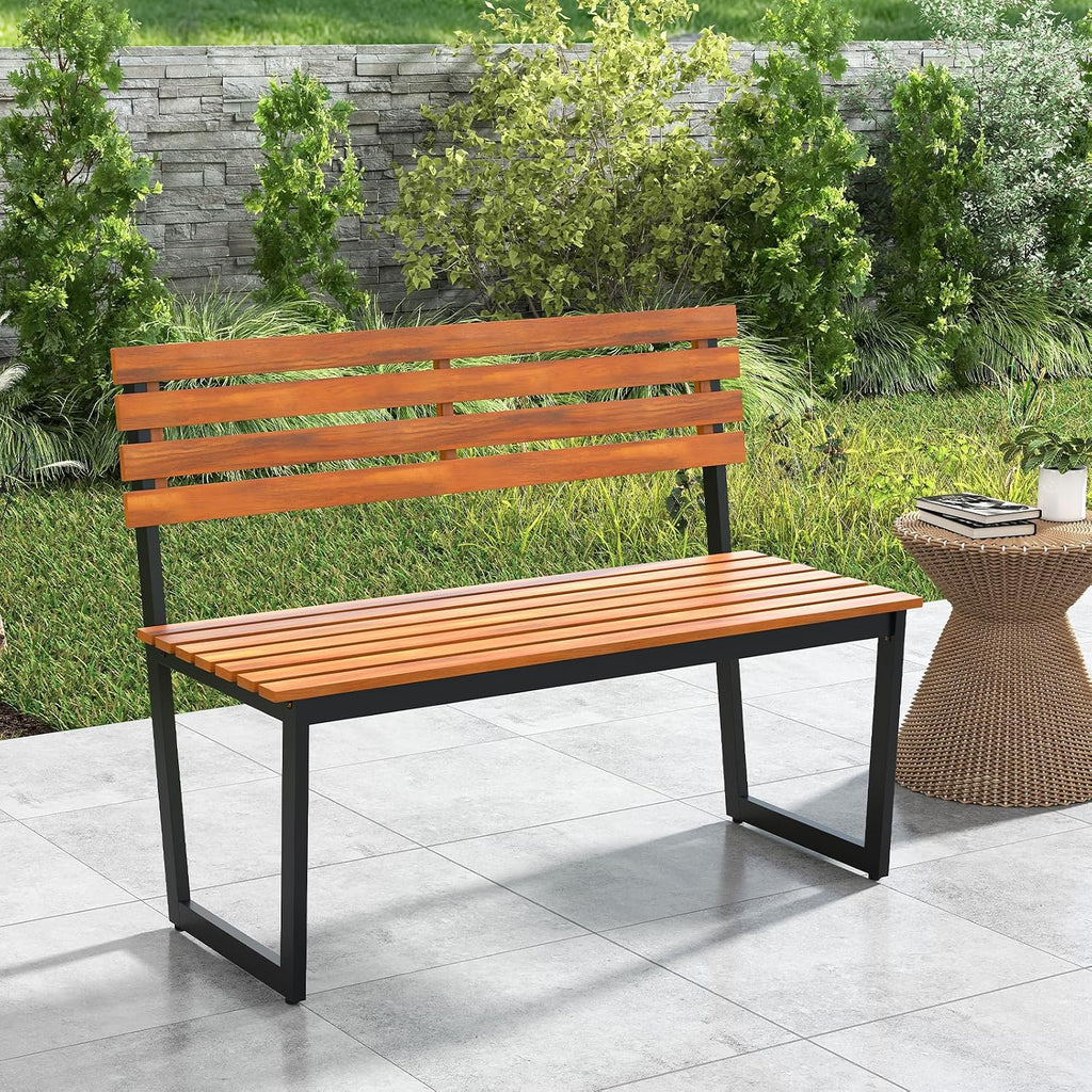 Tangkula 43" Outdoor Wood Bench, 2-Person Acacia Wood Bench with Heavy-Duty Metal Frame, Slatted Seat & Inclined Backrest, 800 lbs Weight Capacity, Patio Bench for Porch, Yard, Balcony, Lawn