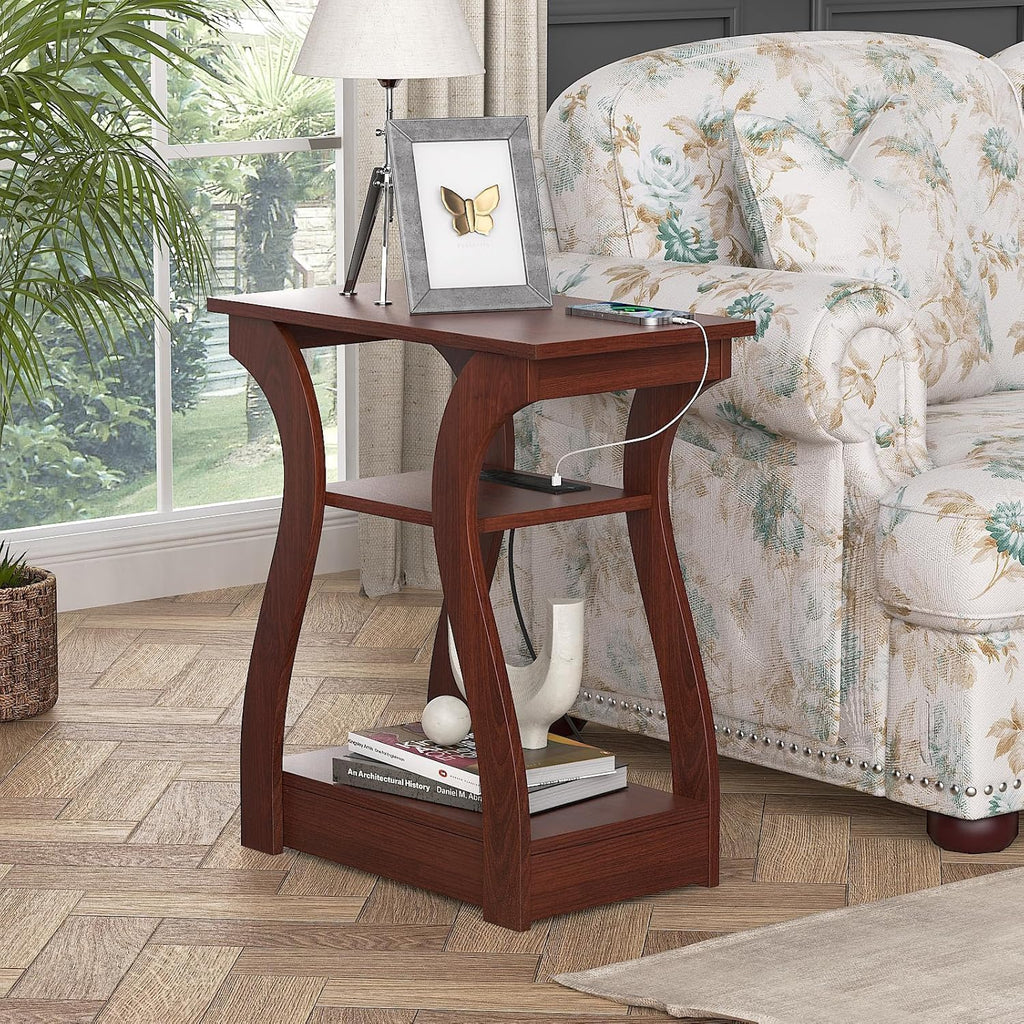 FROMJBEST End Table with Charging Station, Side Table with USB Ports and Outlets, 3 Tier Nightstand Sofa Table for Small Spaces, Beside Table with Storage Shelf for Living Room, Bedroom, Cherry