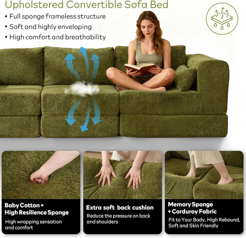 STHOUYN 106" Chenille Folding Convertible Sleeper Sofa Bed, Green Pull Out Floor Modular Couch with Pillow, Memory Foam Boneless Couchs Sectional for Living Room Bedroom (3, Green)