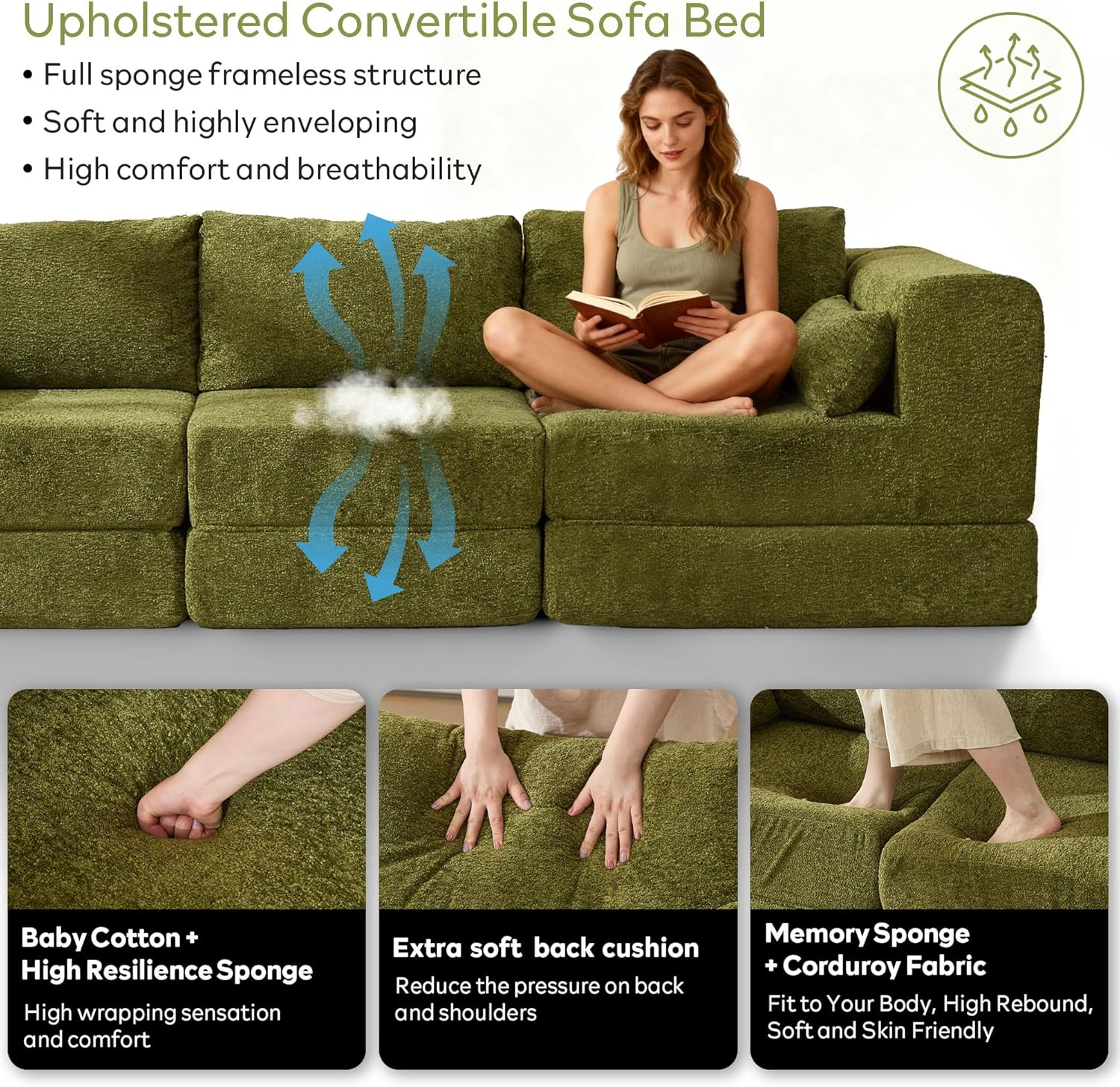 STHOUYN 106" Chenille Folding Convertible Sleeper Sofa Bed, Green Pull Out Floor Modular Couch with Pillow, Memory Foam Boneless Couchs Sectional for Living Room Bedroom (3, Green)