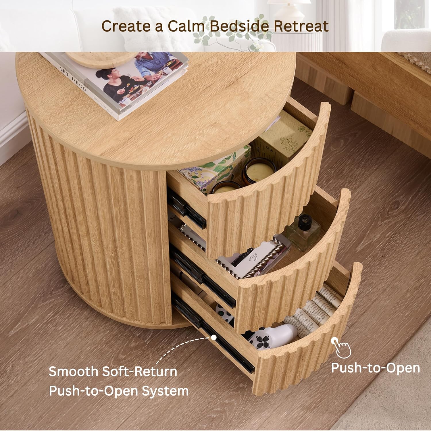 JXQTLINGMU Fluted Nightstand Set of 2 with 3 Push-to-Open Drawers, 24" Tall Round Side Table, Modern Wood End Table for Bedroom, Living Room or Small Spaces, Natural Oak