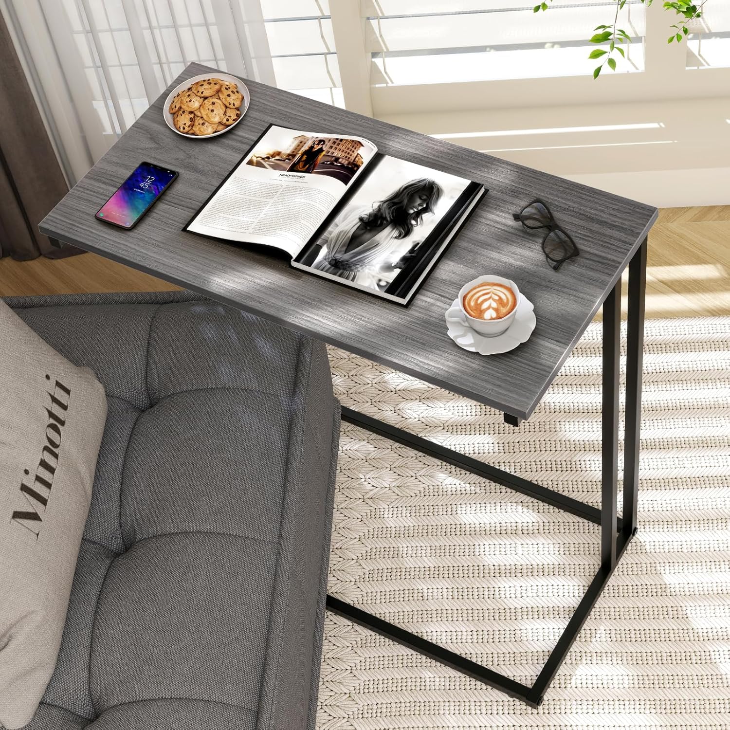 C-Shaped Side Table, Modern End Table with Metal Frame, Space Saving Design for Living Room，Large Surface Couch Table for Bedroom, and Home Office，24 x 12 x 24 inches (Grey)