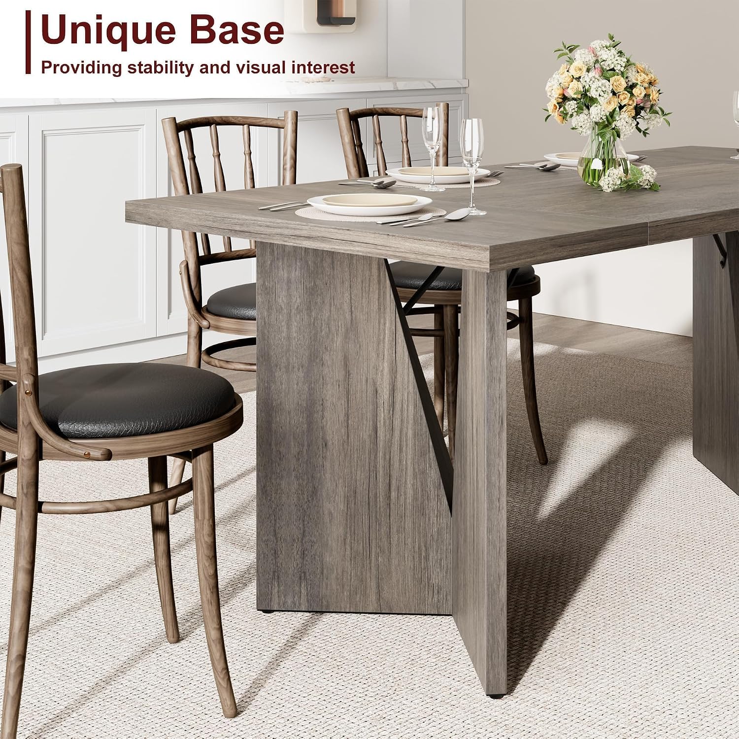 70.9'' Rectangular Dining Table for 6-8, Farmhouse Wooden Thickened Long Desk with Sturdy Frame and v Leg, Rectangular Kitchen Table for Dining Room, Kitchen, Living Room, Office, Grey