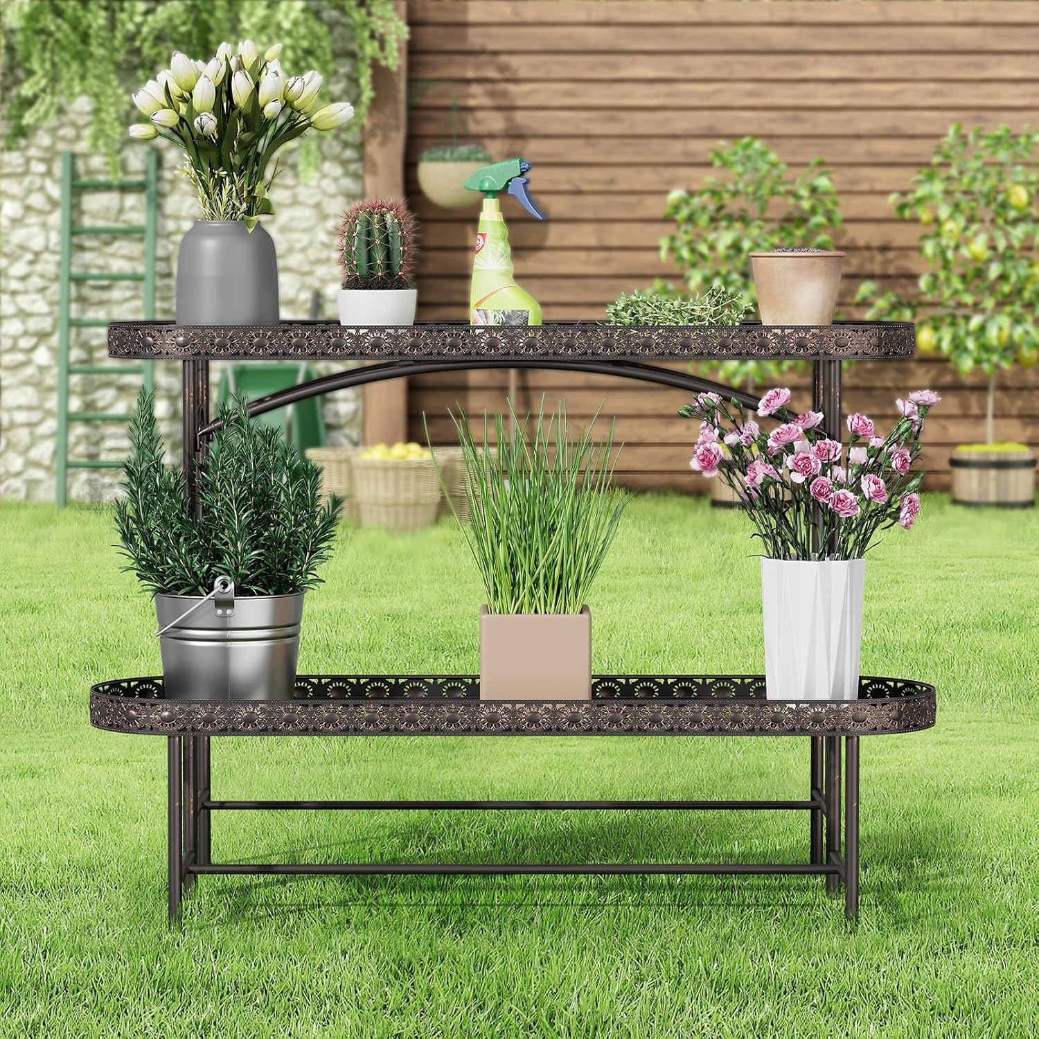 Plant Stand Outdoor Indoor 2 Tier Metal Pland Stand, Detachable Heavy Duty Tall Plant Shelf Rack Flower Pot Holder for Patio Garden Balcony Living Room, Distressed Vintage Black