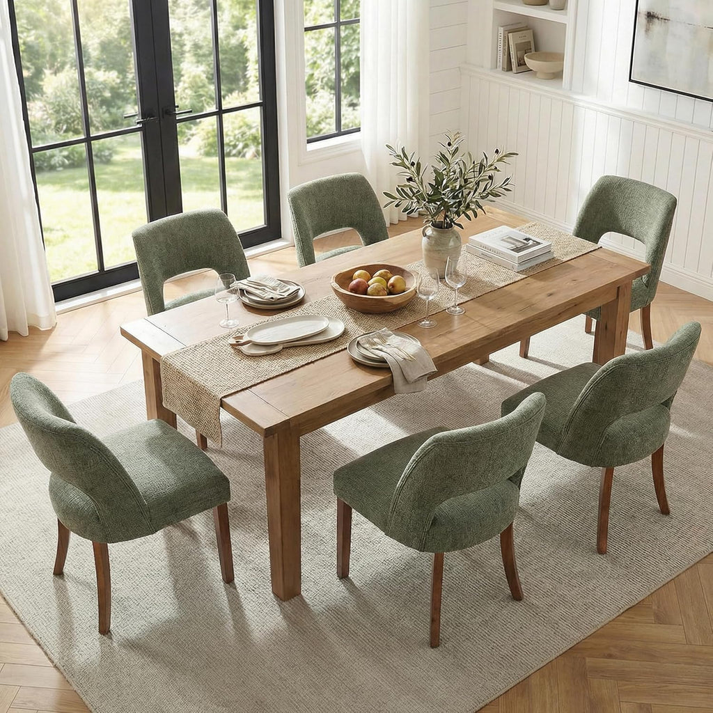 keoni Wooden Dining Chairs Set of 4, Mid Century Modern Upholstered Dining Room Chairs with Rubberwood Legs, Fabric Farmhouse Kitchen Chairs with Foot Pegs for Dining Room, Green