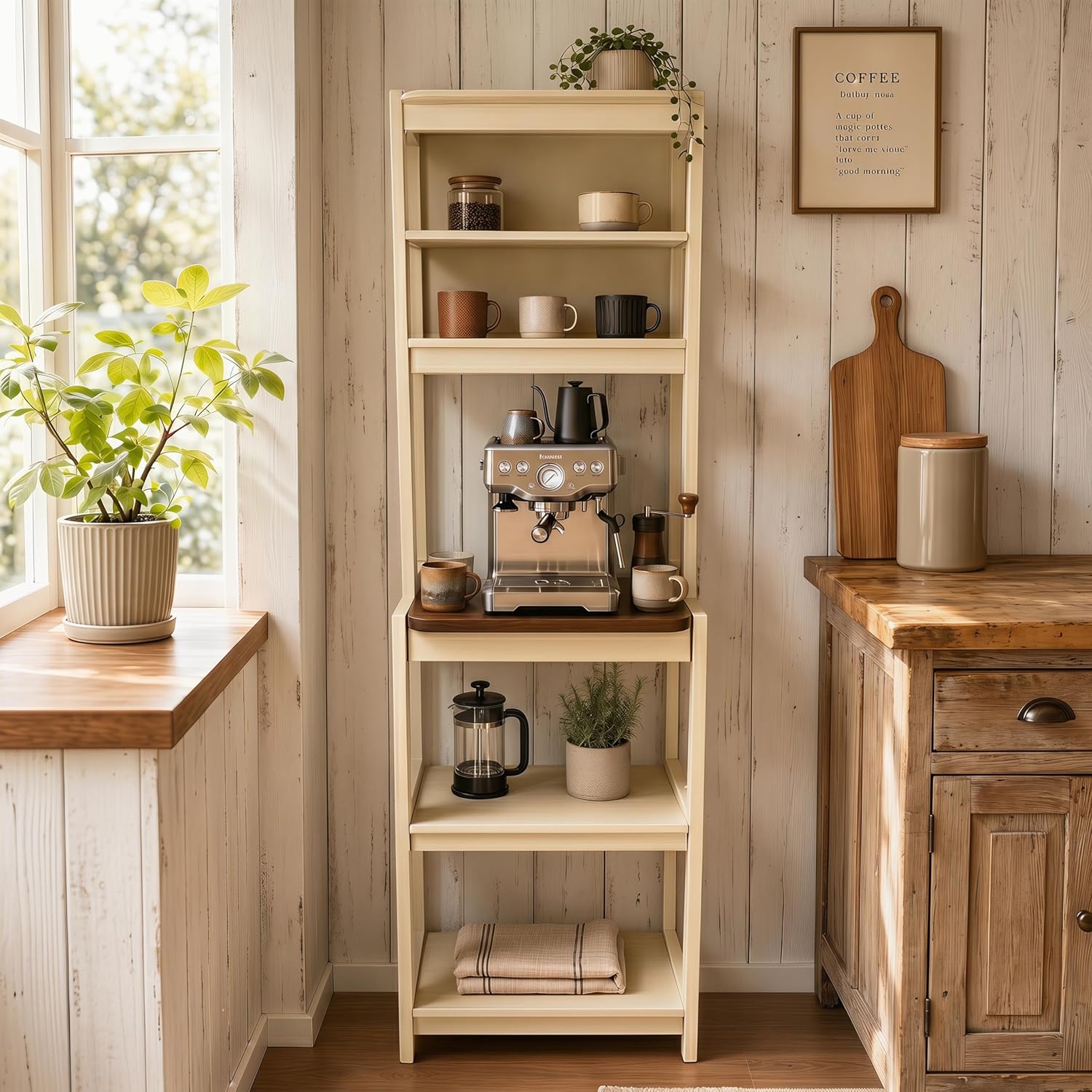 23.7" 5-Tier Bakers Rack for Kitchen, Storage Shelf with Coffee Bar & Microwave Stand, White & Rustic Brown