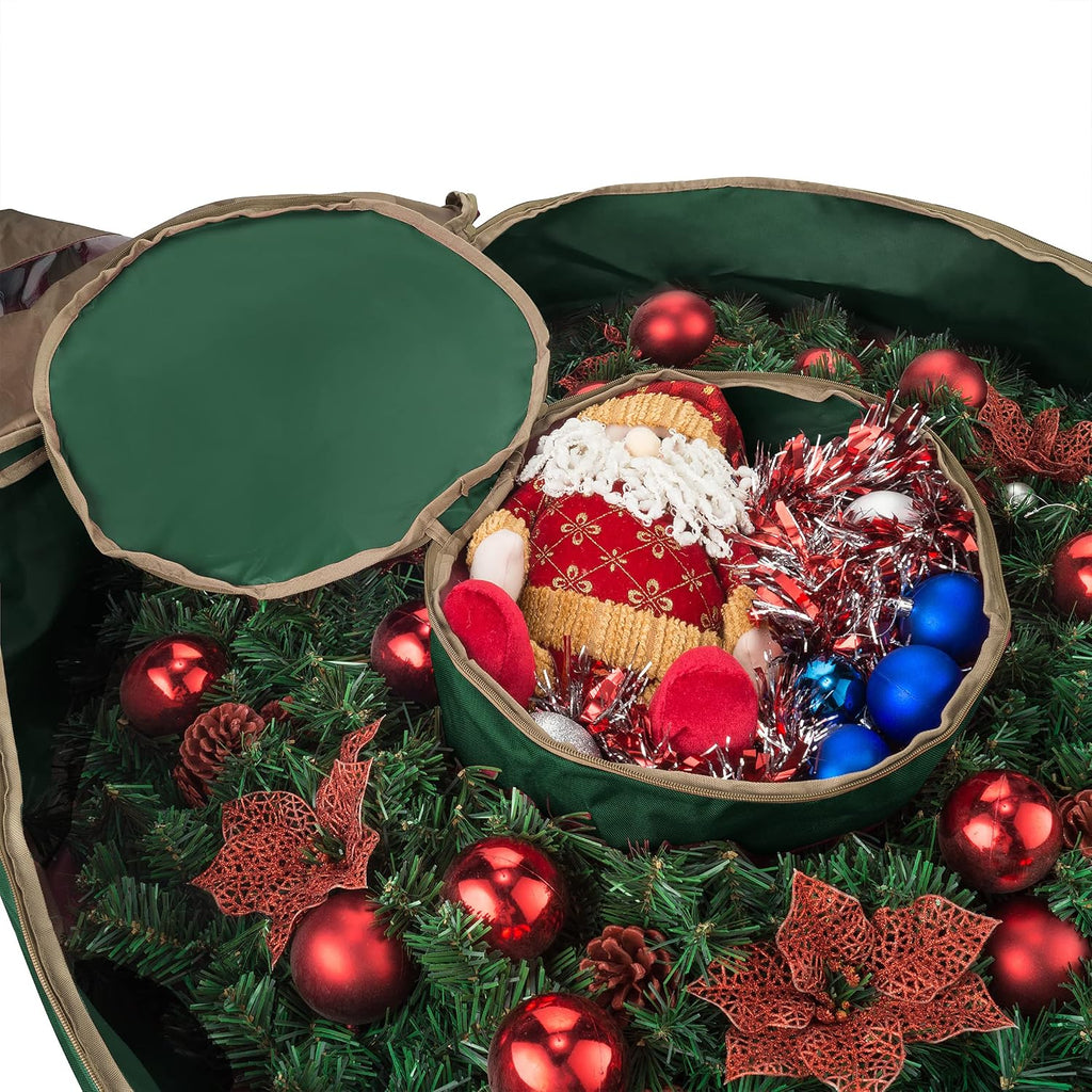Wreath Storage Container - Canvas Bag with Clear Window and Handles Holds 48-Inch Artificial Wreath with Compartment for Ornaments by Elf Stor (Green)