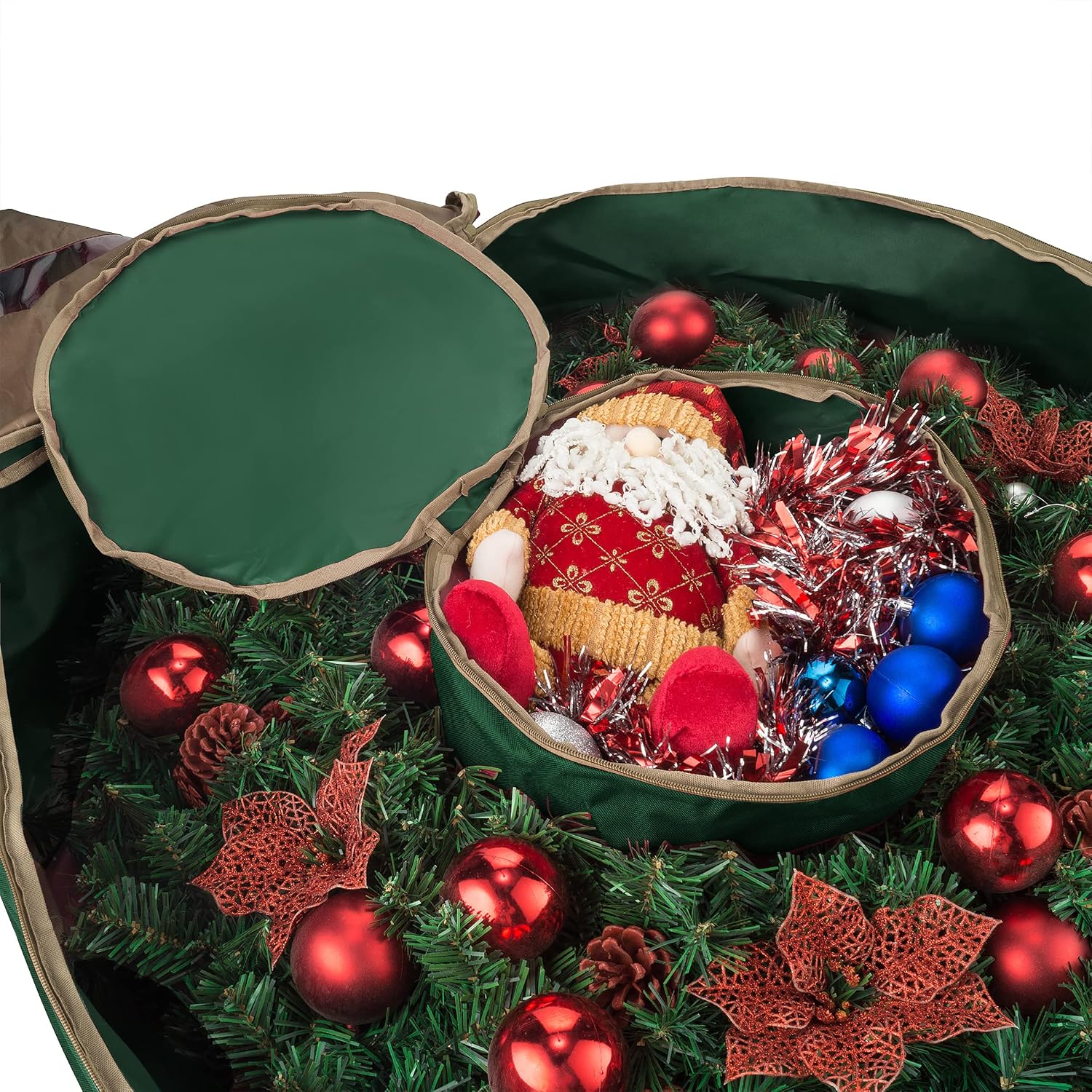 Wreath Storage Container - Canvas Bag with Clear Window and Handles Holds 48-Inch Artificial Wreath with Compartment for Ornaments by Elf Stor (Green)
