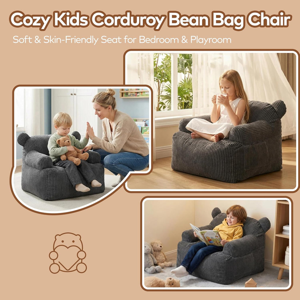 Kids Bear Ear Bean Bag Chair, Stuffed Toddler Sofa Chair with Pocket, Lazy Floor Chair for Boys and Girls, for Gaming, Reading, Nursery Playroom Bedroom
