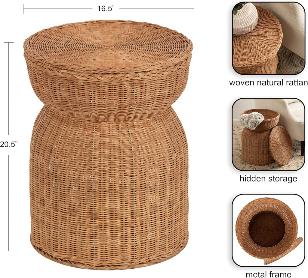 Kate and Laurel Thatch Modern Woven Rattan Round Storage Side Table, 17 x 17 x 21, Natural Rattan, Lift-Top End Table for Use as Hidden Storage Basket, Nursery Toy Storage, or Small Laundry Hamper